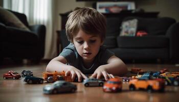 caucasiano Rapazes jogando brinquedo carro, alegre infância Diversão gerado de ai foto