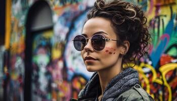 jovem mulher com amarelo oculos de sol poses, sorridente brilhantemente gerado de ai foto