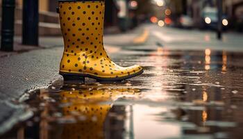 amarelo guarda-chuva salpicos molhado zebra cruzando, mulher caminhando gerado de ai foto