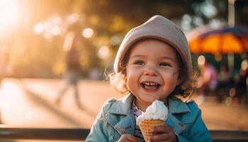 criança segurando gelo creme, sorridente dentro natureza gerado de ai foto