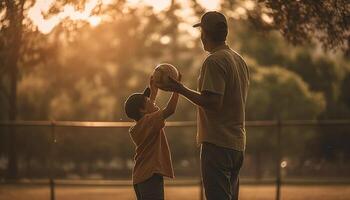 pai e filho vinculo dentro natureza luz solar gerado de ai foto