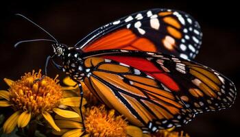 vibrante monarca borboleta delicadamente poliniza amarelo flor gerado de ai foto