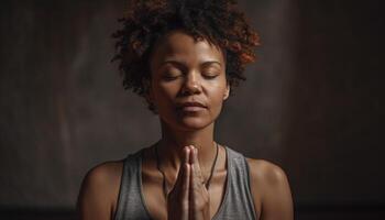 jovem mulheres meditando, olhos fechadas dentro concentração gerado de ai foto