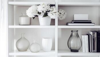 moderno estante de livros coleção, vaso do flores gerado de ai foto