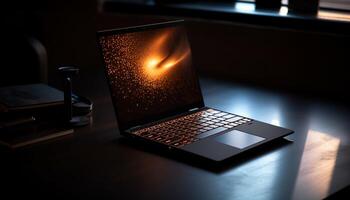 moderno computador portátil brilhando dentro Sombrio escritório noite gerado de ai foto