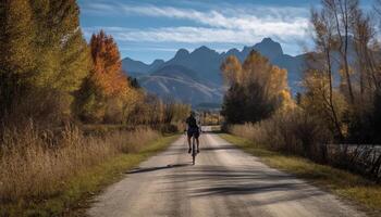 atleta ciclismo através montanha terreno dentro verão gerado de ai foto