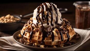 indulgente Belga waffle com Sombrio chocolate avelã gelo gerado de ai foto