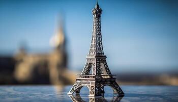 romântico pôr do sol sobre famoso eiffel torre monumento gerado de ai foto