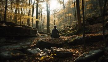1 pessoa medita, pedra, montanha vista gerado de ai foto