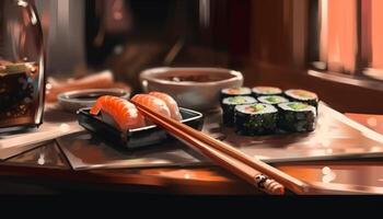 gourmet frutos do mar refeição em de madeira placa, Sushi Barra gerado de ai foto