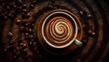 cappuccino caneca em de madeira mesa uma espumoso deleite gerado de ai foto