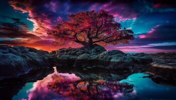 colorida céu reflete em tranquilo água superfície gerado de ai foto
