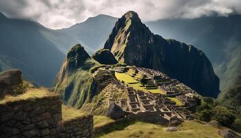 antigo ruínas no topo majestoso montanha pico temor turistas gerado de ai foto