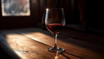 luxuoso vinho garrafa descansos em elegante de madeira mesa gerado de ai foto