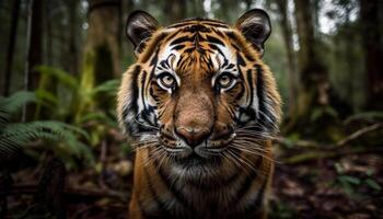 majestoso Bengala tigre olhares fixos dentro tropical floresta gerado de ai foto