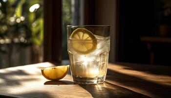 refrescante Mojito em de madeira mesa com Lima gerado de ai foto