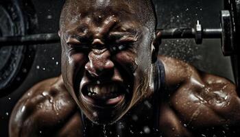 muscular homens gritar, suando, exercício com determinação gerado de ai foto