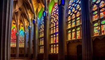 iluminado manchado vidro janelas decorar majestoso gótico basílica gerado de ai foto