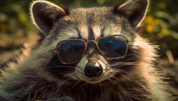 fofa terrier filhote vestindo oculos de sol poses para Câmera gerado de ai foto