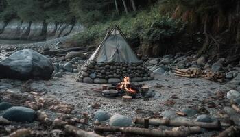 fogueira queimando brilhante, assar marshmallows dentro outono gerado de ai foto