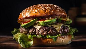 grelhado queijo cheddar hamburguer em rústico sésamo pão gerado de ai foto