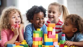 sorridente crianças jogando com multi colori brinquedo blocos gerado de ai foto