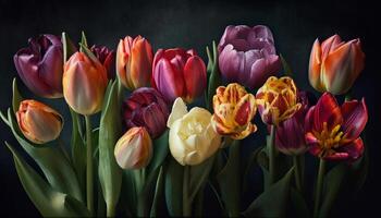 uma ramalhete do vibrante tulipas, natureza decoração gerado de ai foto