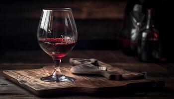 luxo vinho garrafa em rústico de madeira mesa gerado de ai foto