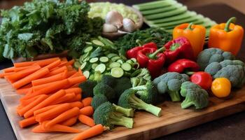saudável vegano salada fresco legumes em madeira mesa gerado de ai foto