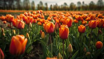 vibrante tulipas Flor dentro natureza movimentado Prado gerado de ai foto