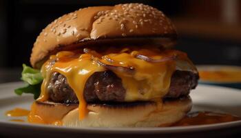 grelhado hamburguer com derretido queijo cheddar e fritas gerado de ai foto