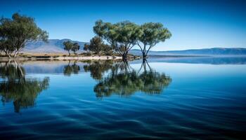 idílico montanha panorama reflete dentro Claro lagoa água gerado de ai foto