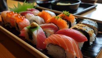 gourmet Sushi refeição com fresco frutos do mar seleção gerado de ai foto