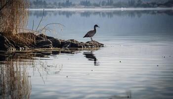 lindo cisne em pé dentro tranquilo lagoa água gerado de ai foto