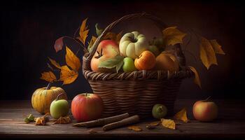 outono colheita abóbora, maçã, abóbora, rústico composição gerado de ai foto