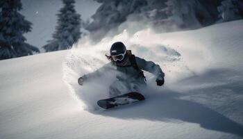 snowboarder vôo através pó neve dentro montanhas gerado de ai foto