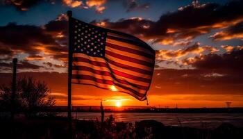 patriótico nascer do sol americano bandeira dentro silhueta panorama gerado de ai foto