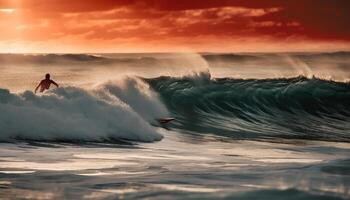 homens surfar natureza quebra ondas às pôr do sol gerado de ai foto