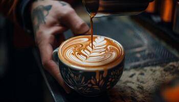 barista derrama espumoso café dentro acolhedor cafeteria gerado de ai foto