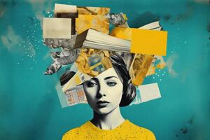 uma menina com uma saco do livros dentro dela cabeça. ilustração ai generativo foto