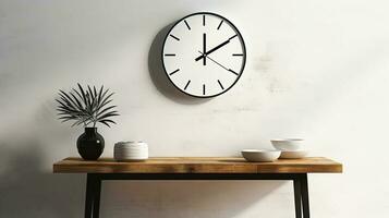 volta forma parede relógio com porcelana e plantar Panela em mesa. foto