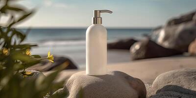 uma transparente essencial bomba garrafa em de praia Rocha fundo para natural ou ervas composição produtos publicidade conceito. generativo ai. foto