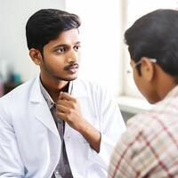 retrato do jovem homem dentro laboratório casaco falando com paciente dentro hospital. generativo ai. foto