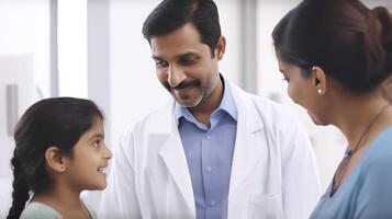 cortada imagem do agradável pediatra falando para Adolescência menina paciente dentro hospital. generativo ai. foto