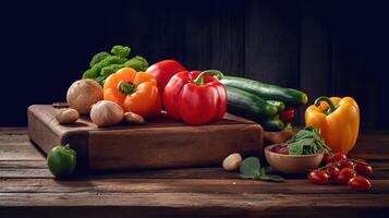 saudável e vegano Comida sortimento do fresco legumes em de madeira corte borda. generativo ai digital ilustração foto