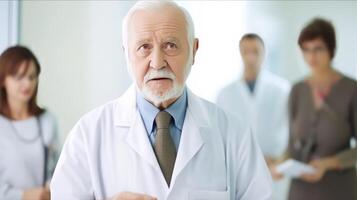 fechar-se retrato do idosos profissional masculino médico e dele médico equipe em pé dentro corredor do hospital, generativo ai. foto