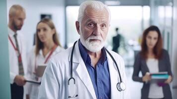 retrato do idosos masculino médico com dele médico equipe dentro hospital corredor. generativo ai. foto