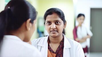 cortada foto do fêmea médico profissionais falando para cada de outros dentro hospital corredor. generativo ai.