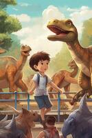 Disney estilo fofa Garoto em pé ao lado dinossauro amigos desenho animado às floresta, generativo ai digital ilustração. foto