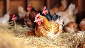 galinhas em a orgânico fazenda, sentado em ovos em Palha dentro uma frango gaiola, fez com generativo ai foto